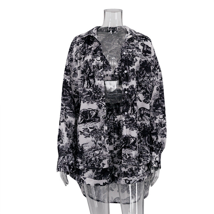 Women's Shirt Suspender National Style Ink Printing Fashion Suits