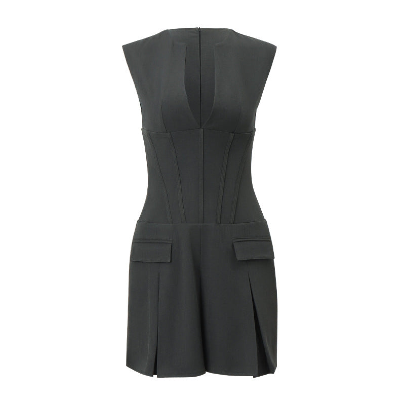 Women's Autumn Sexy Deep V Waist Faux Pocket Graceful Dresses