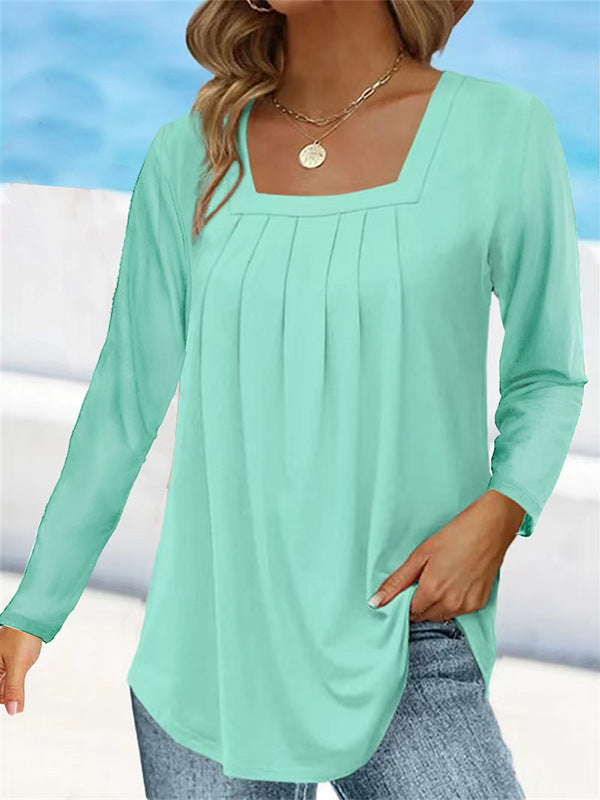 Women's Pleated Square Collar Long Sleeve Imitation Blouses