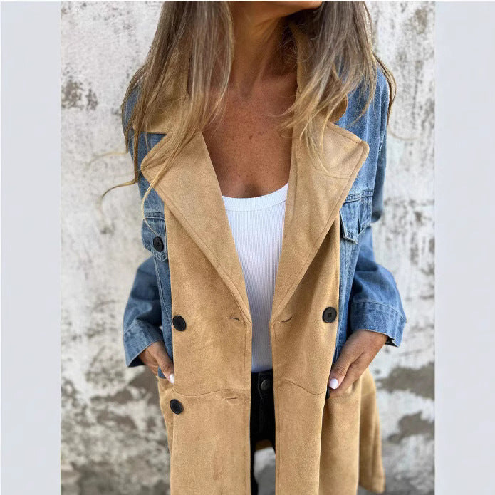 Women's Fashion Tailored Collar Denim Stitching Mid-length Jackets