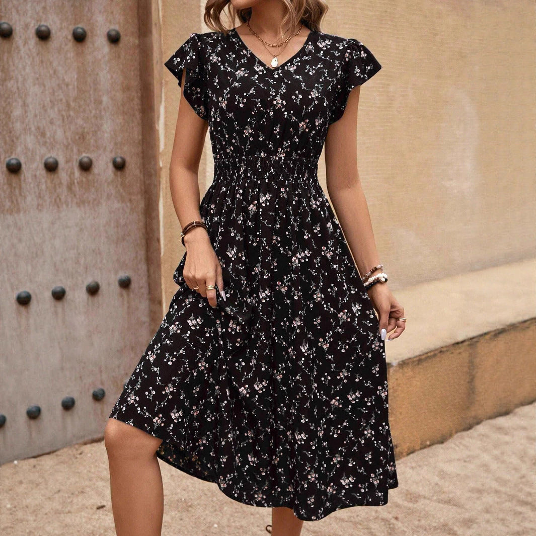 Bohemian Style Floral Print Smocking Waist Sleeve Dress