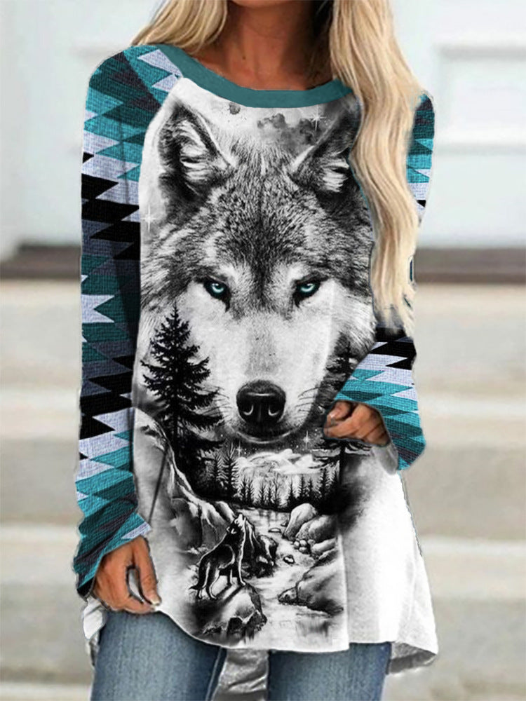 Women's Digital Printing Round Neck Long Sleeve Blouses