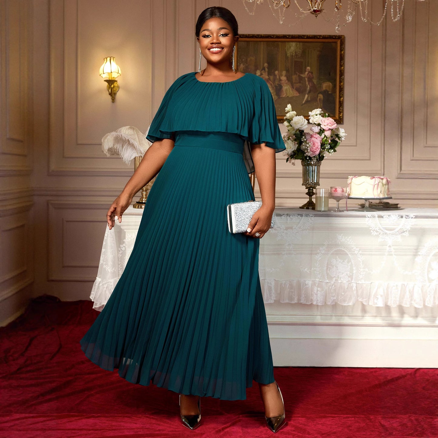 Women's Neck Cape Shawl Sleeve A-swing Chiffon Elegant Long Dresses