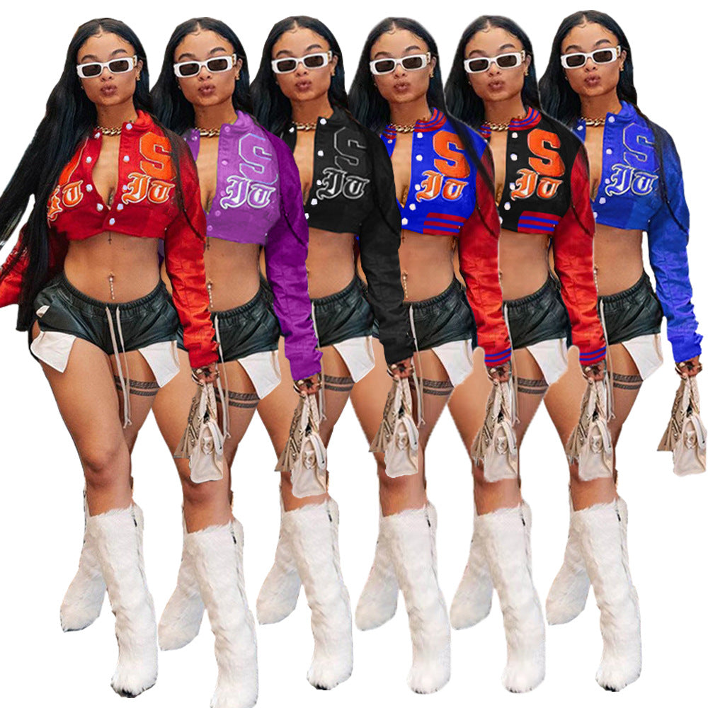 Women's Sexy Navel Round Neck Loose Baseball Jackets