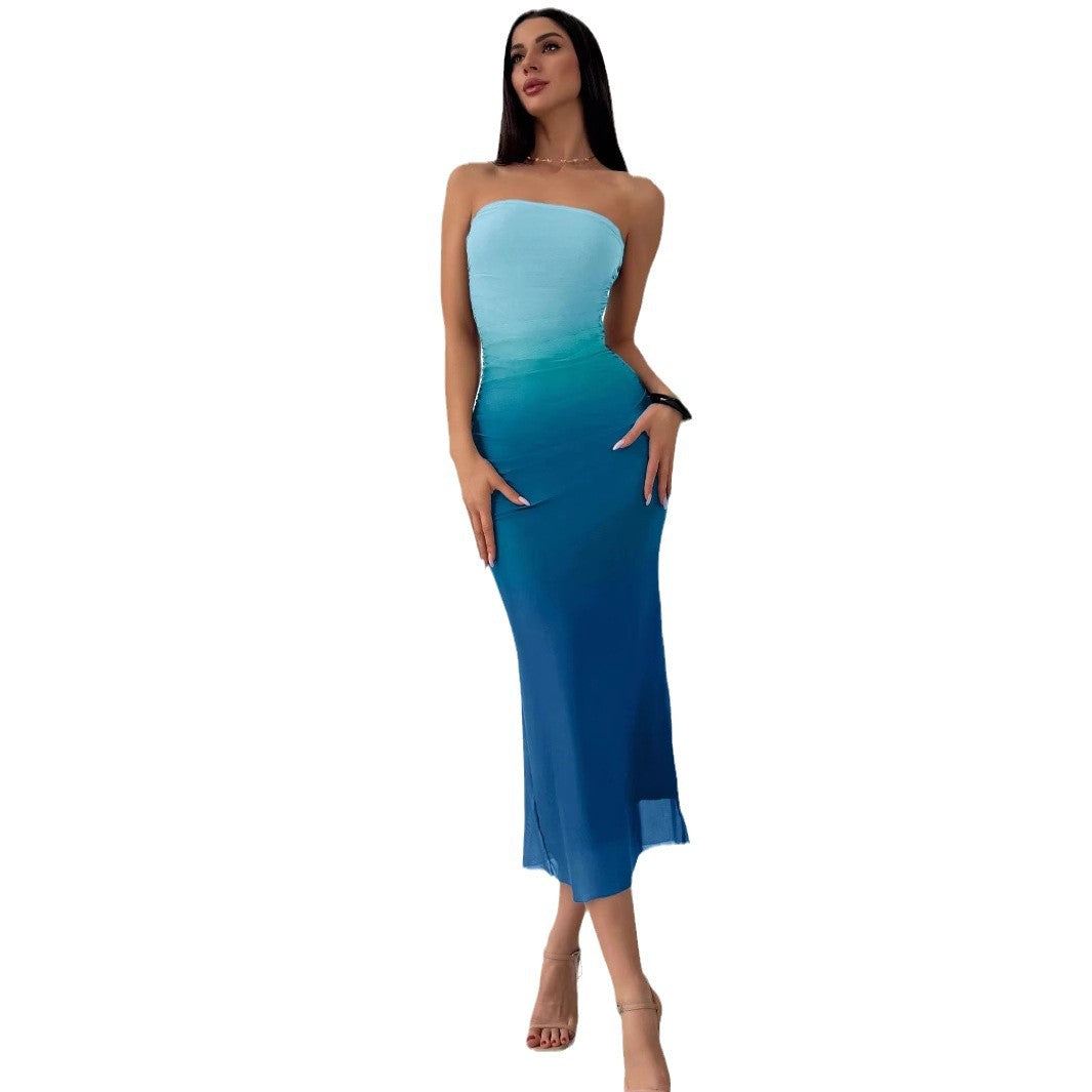 Gradient Pleated Sexy Tight Split Strapless Dresses