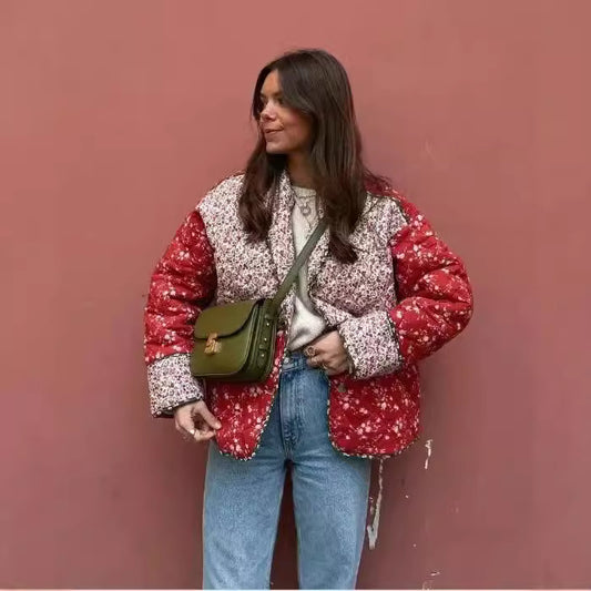 Women's Printing Lapel Contrast Color Casual Loose Coats