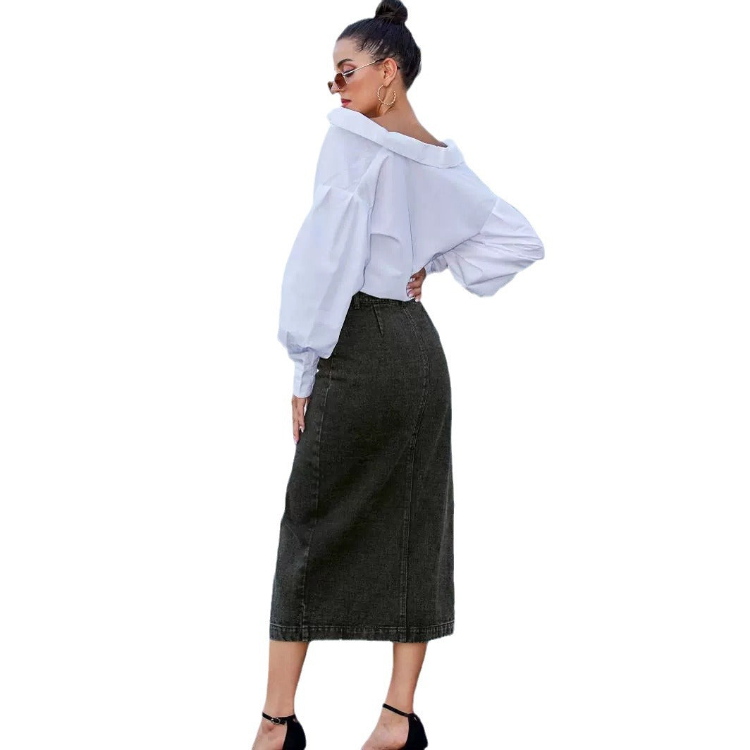 Women's Button Irregular Slit Denim High Waist Skirts