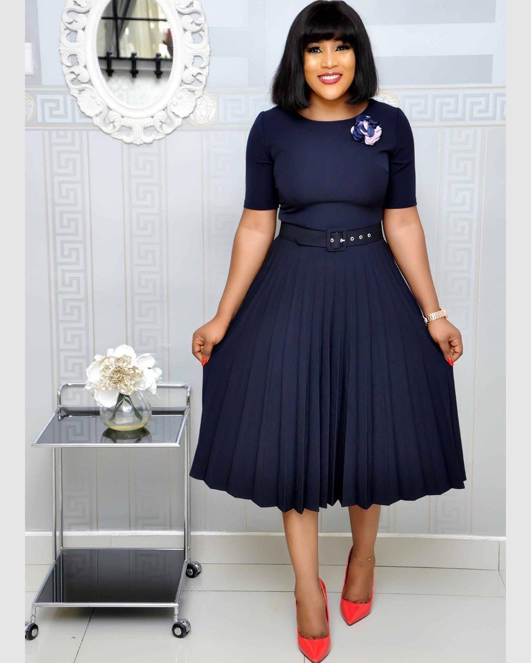 Women's African Solid Color High Waist Sleeve Dress