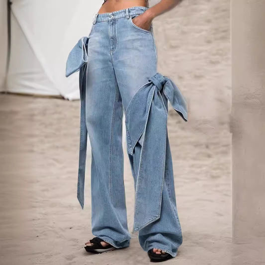 Women's Spring Washed Distressed Stitching Bow Design Jeans