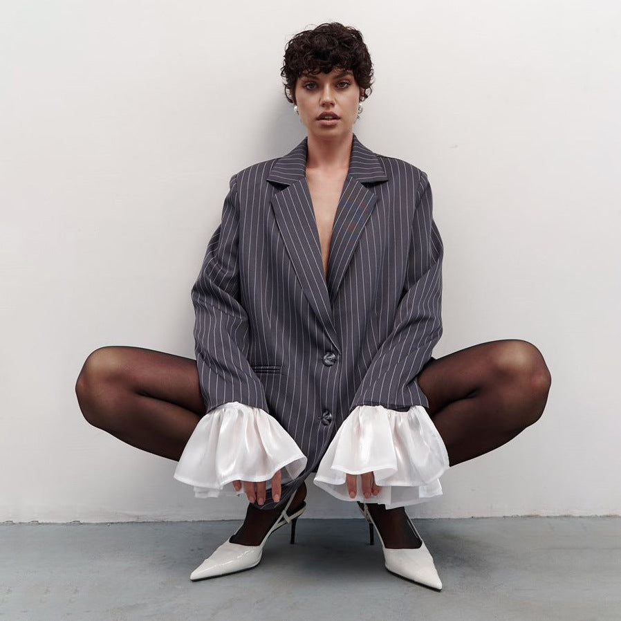 Women's Collar Vertical Stripes Fashionable Casual Loose Temperament Stitching Blazers