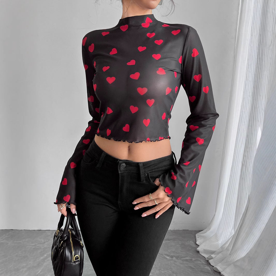 Mesh Printed Flared Sleeves Long Sleeve Blouses