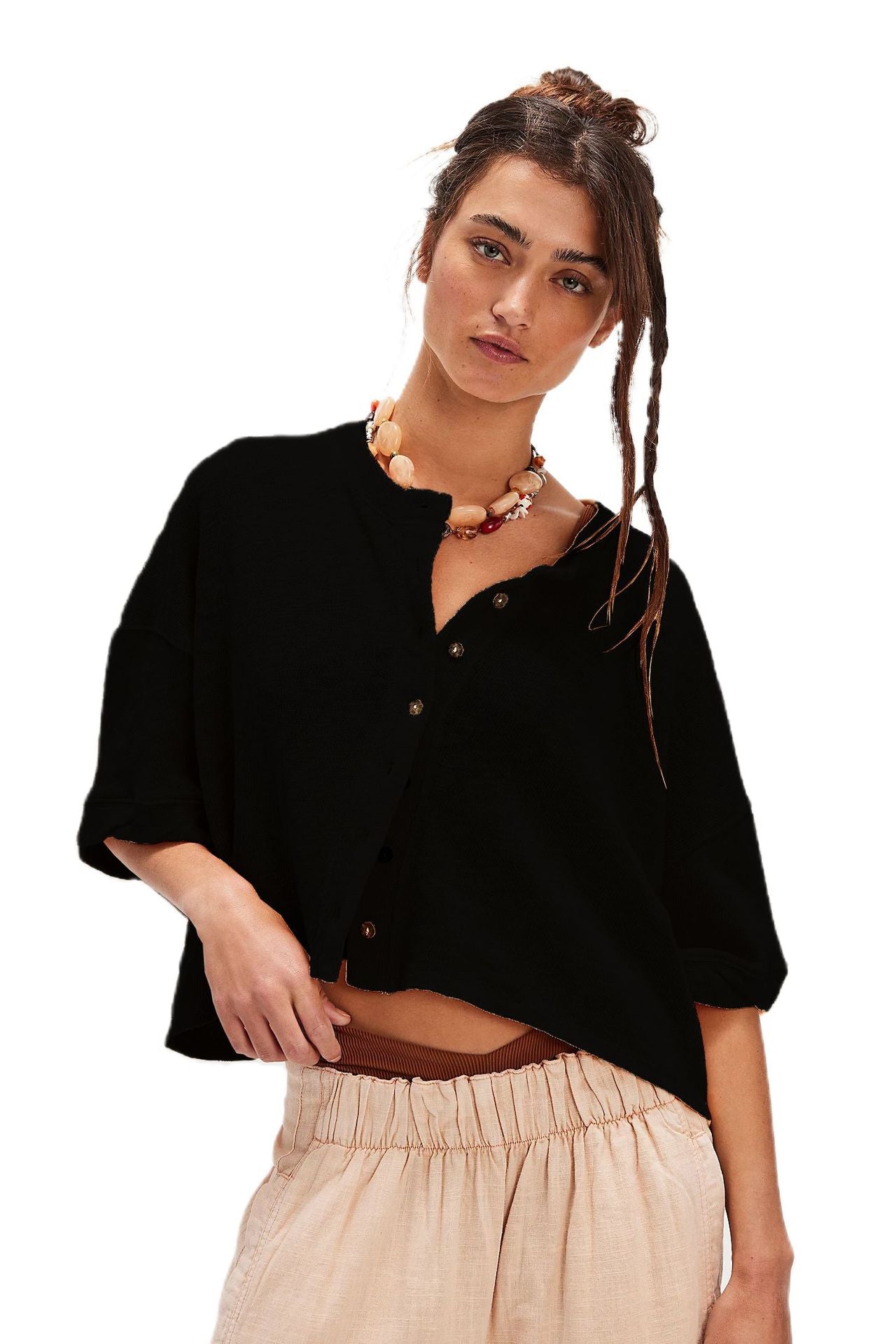 Women's Casual Linen Button Half Sleeve Solid Blouses