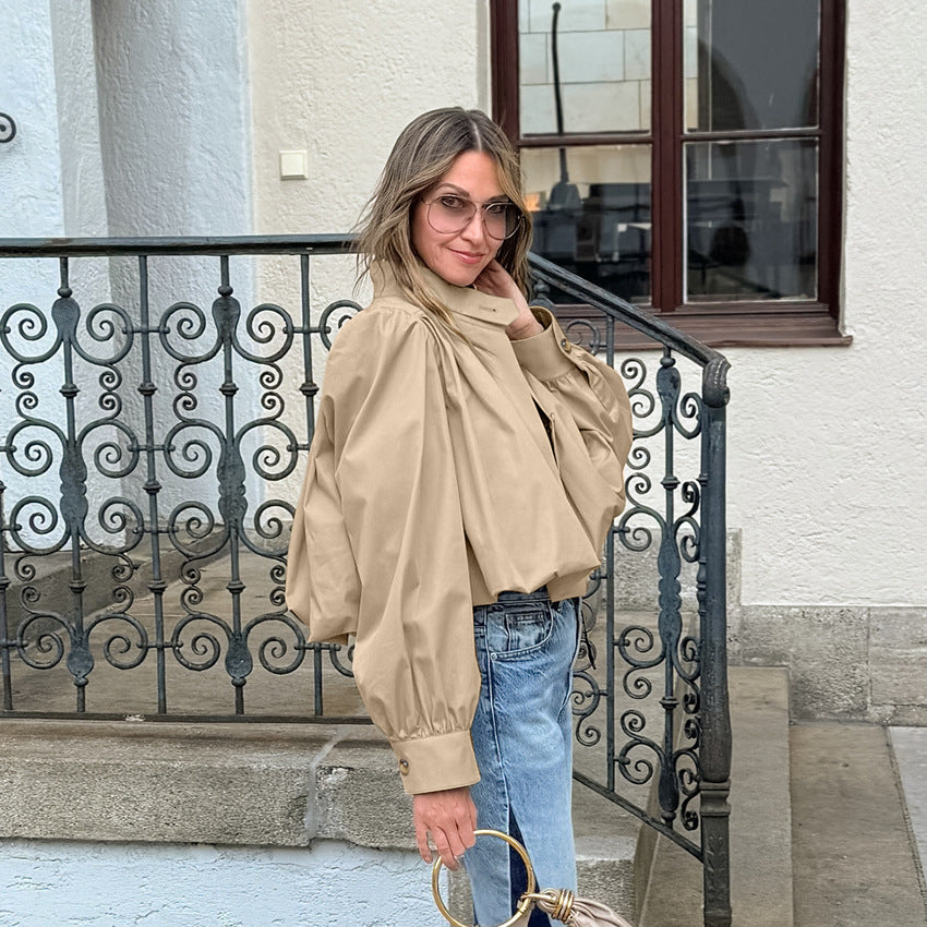 Women's Fashionable High-grade Casual Khaki Stand-up Collar Coats