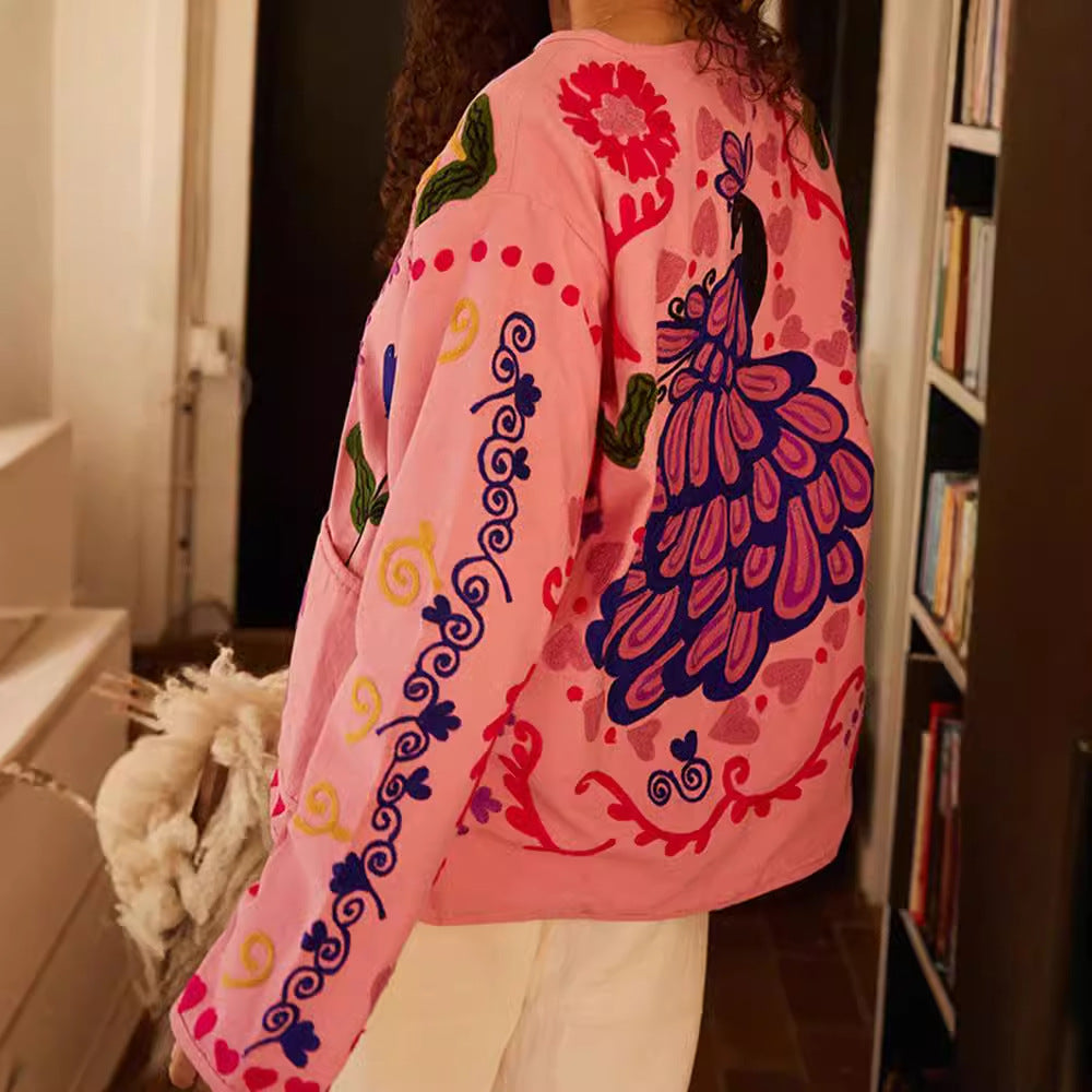 Women's Pink Casual Style Flower Long-sleeved Single-breasted Jackets