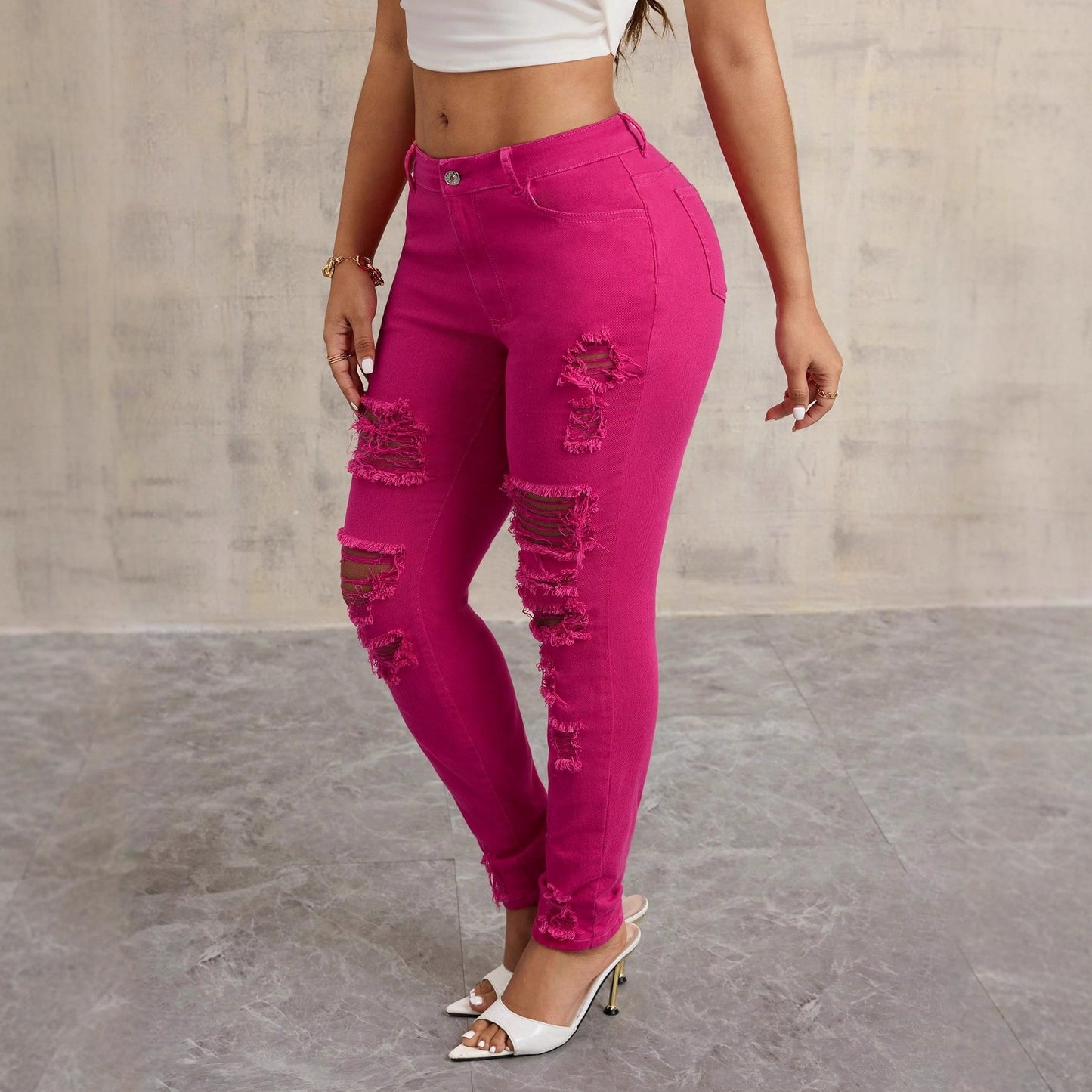 Women's Ripped Slim Fit Pencil Medium Elastic Straight Jeans