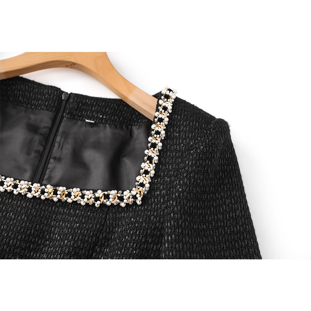 Collar Beaded Decoration Long Sleeves Slimming Dresses