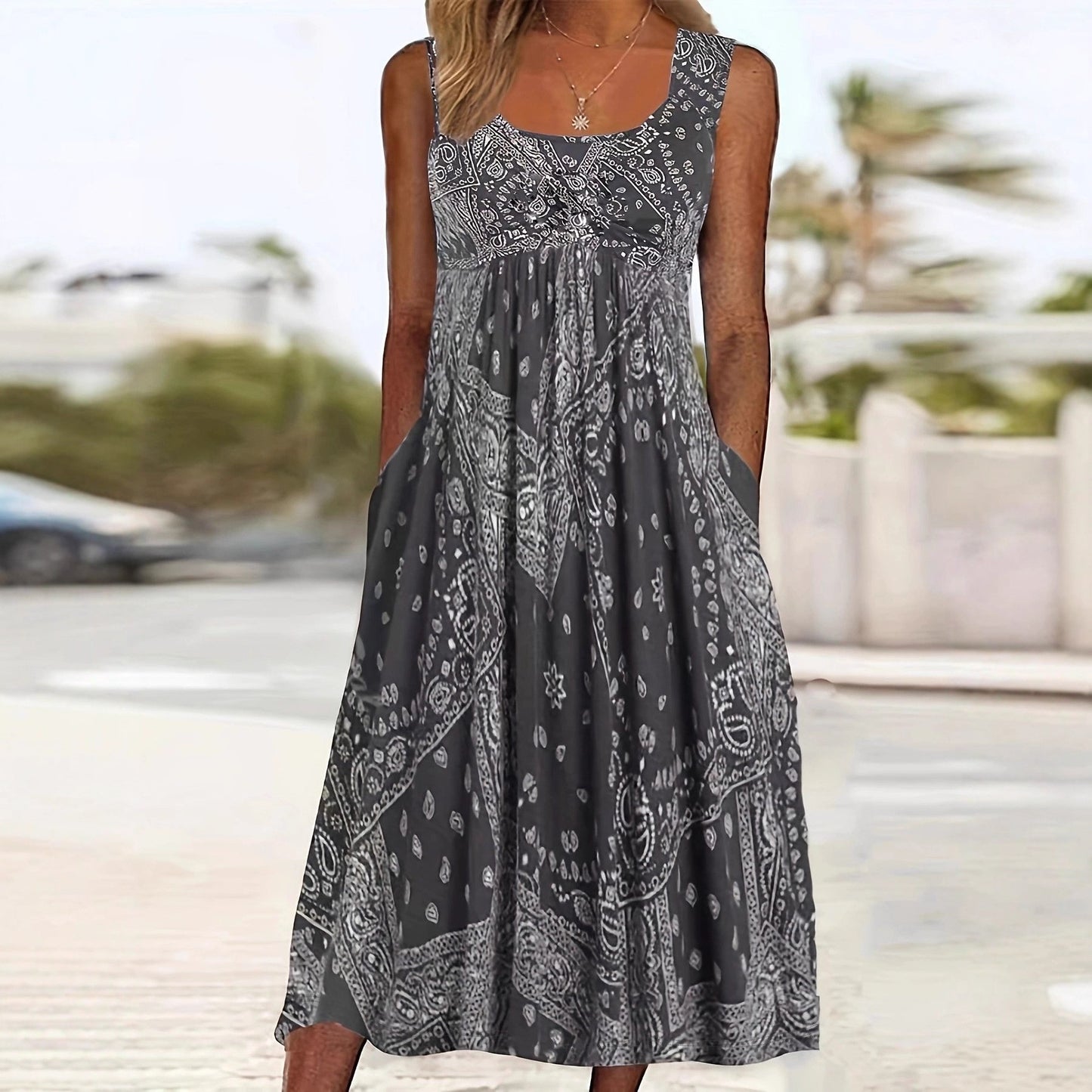 New Women's Retro Digital Print Sleeveless Dress