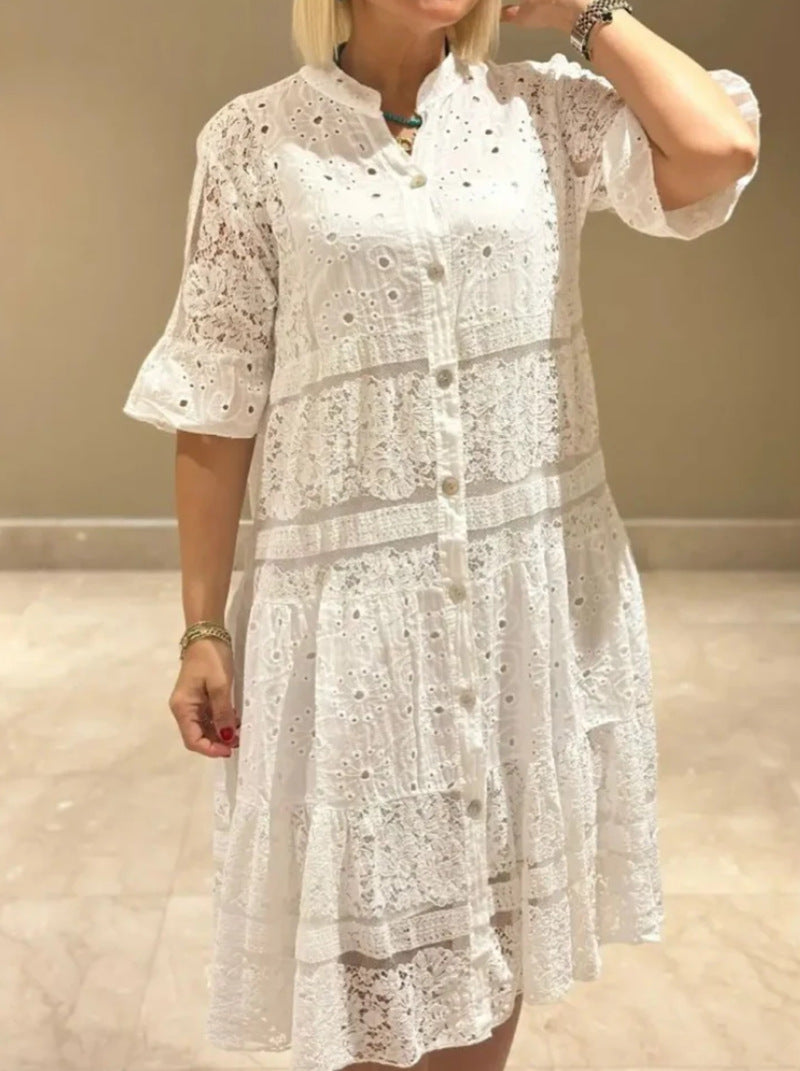 Women's Summer Solid Color Lace Button Stitching Dress