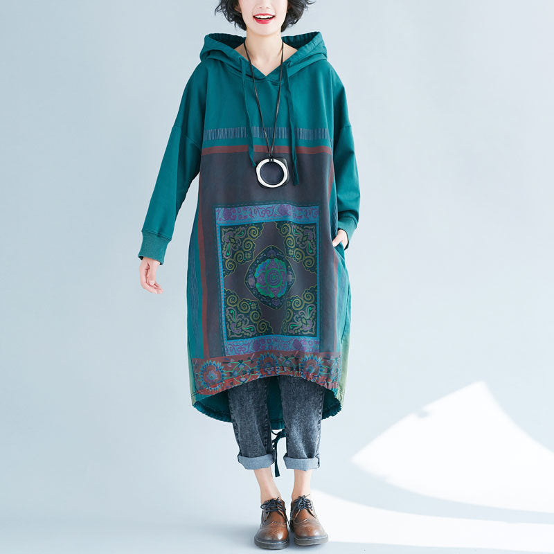 Women's Large Spring Hooded Loose Printed Long Dress Sweaters