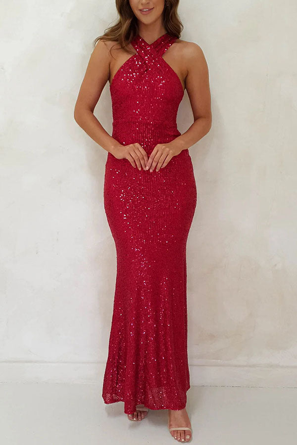 Fashionable Multicolor Halter Sleeveless Sequins Dress Dresses