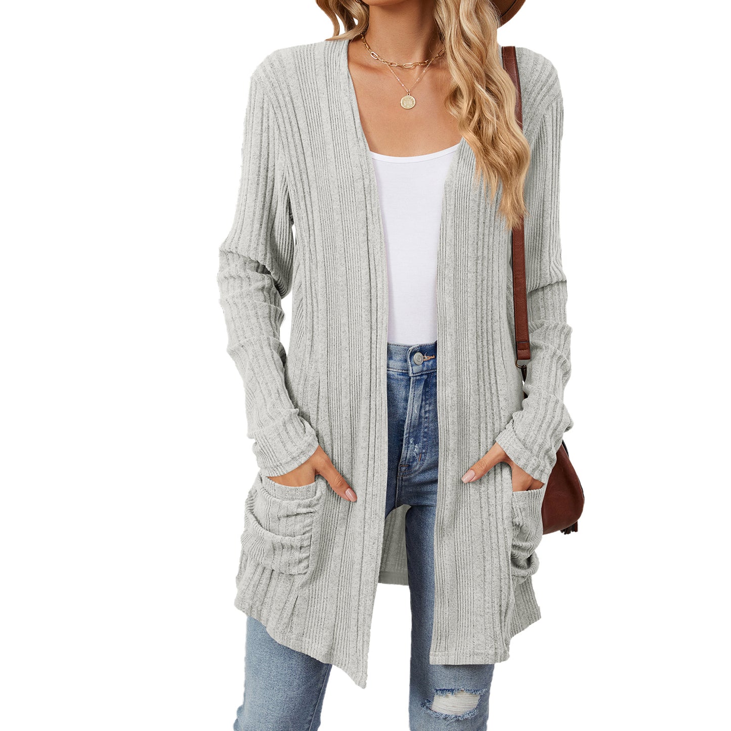 Women's Color Rib Fabric Brushed Pocket Long Cardigans