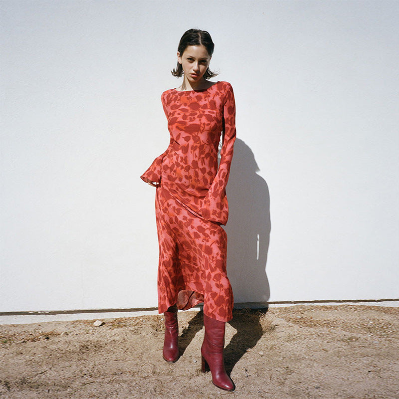 Women's Summer Red Printed Silk Blue Long Sleeve Dress Dresses