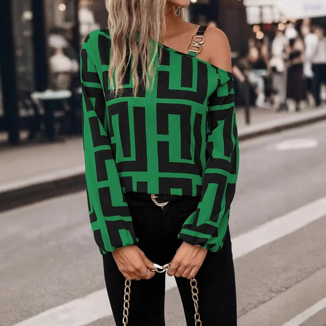 Women's Fashion Geometric Printed Long Sleeve Off Blouses