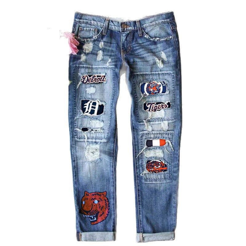 Women's Fashion Printed Ripped Trousers Slimming Jeans