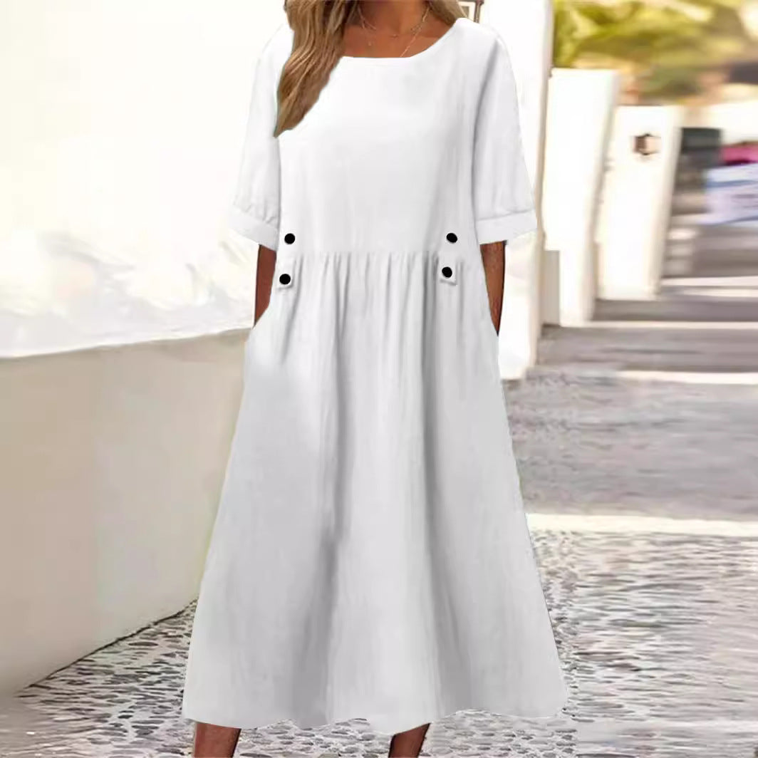 Summer Sleeve Cotton Linen Dress Round Dresses
