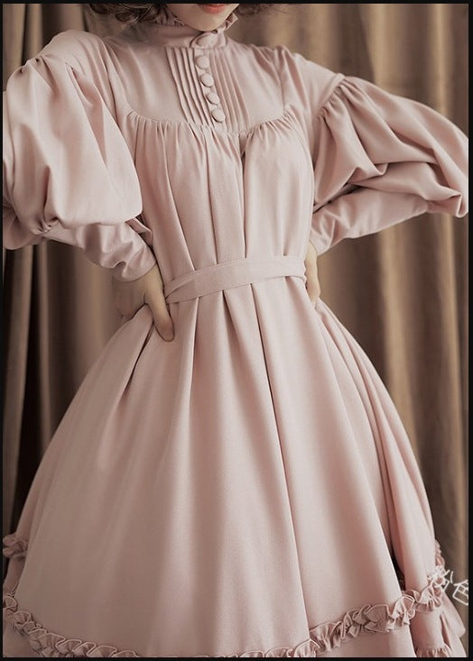 Cloth Loose Button Stand-up Collar Lace Lantern Sleeve Dresses