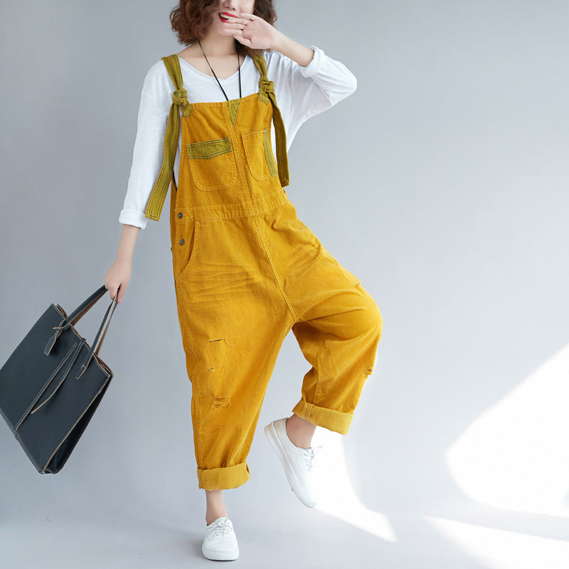 Make Old Ripped Corduroy Hanging Crotch Suspender Casual Pants