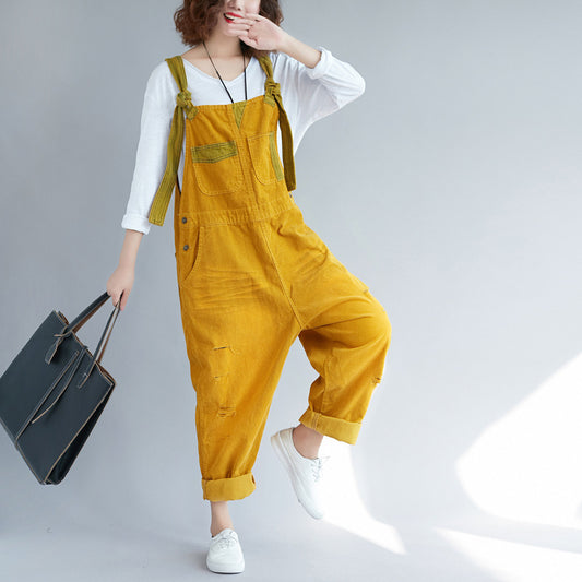 Make Old Ripped Corduroy Hanging Crotch Suspender Casual Pants