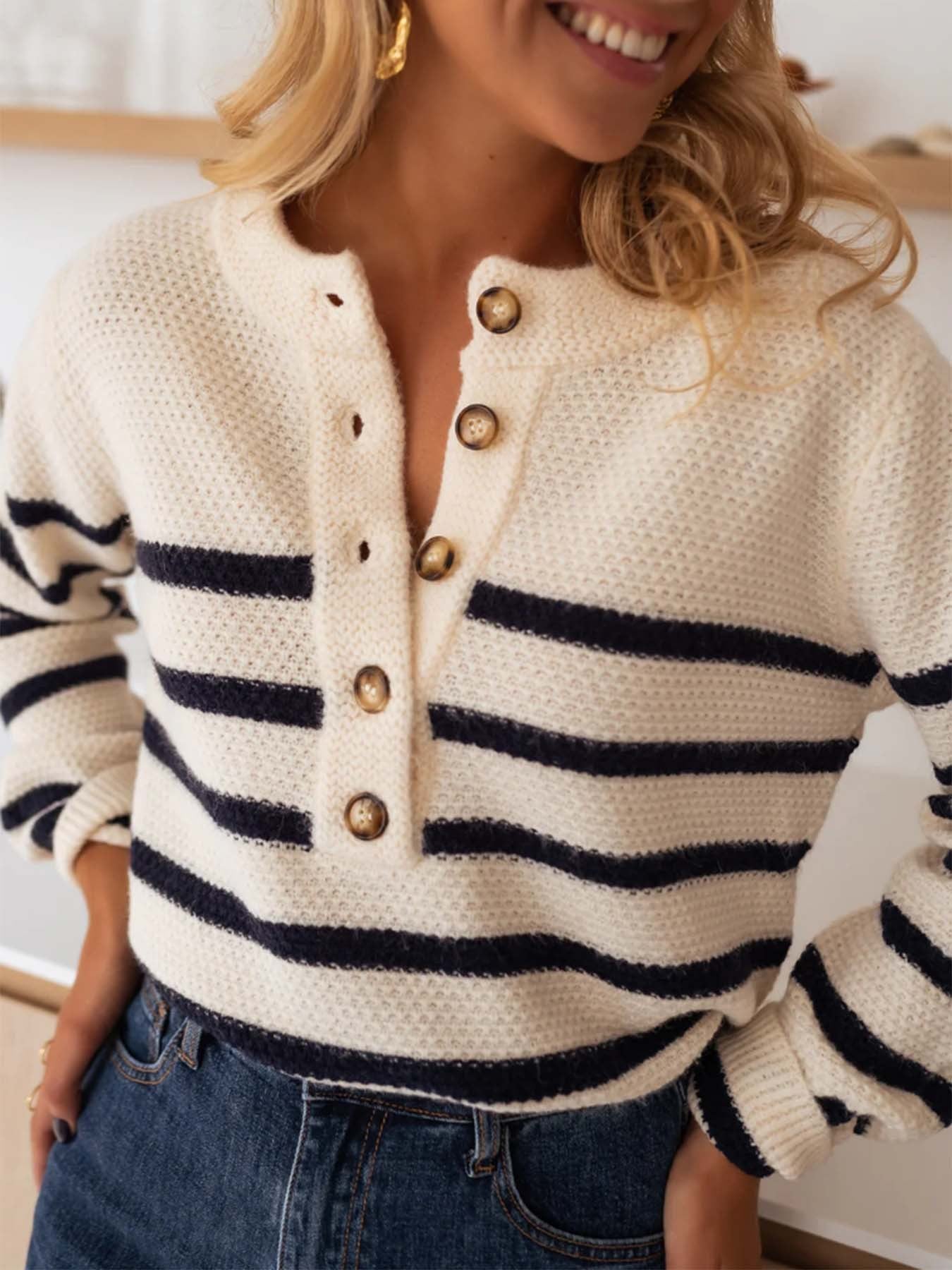 Women's Striped Pullover Fashion With Buttons Sweaters