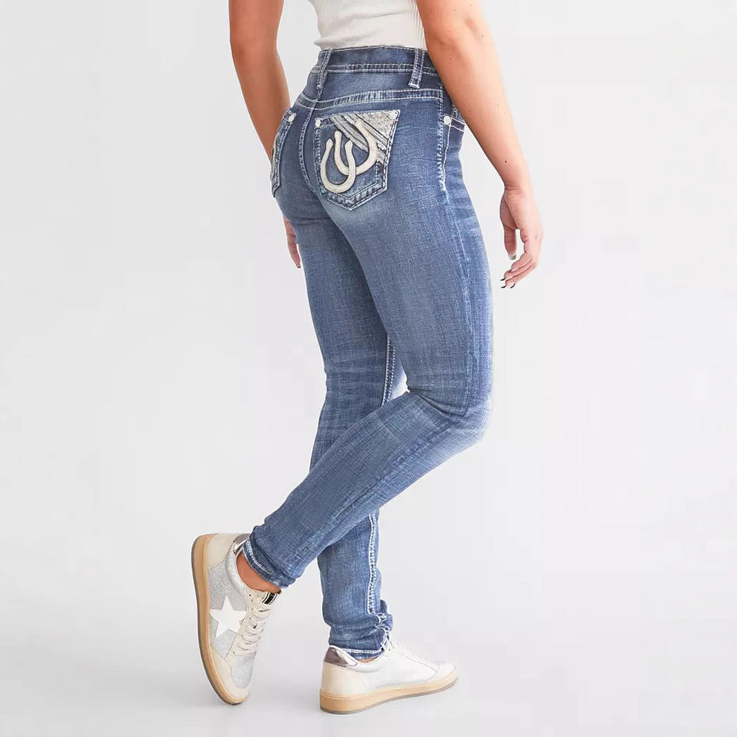 Women's Slim Fit Embroidered Denim Trousers Jeans