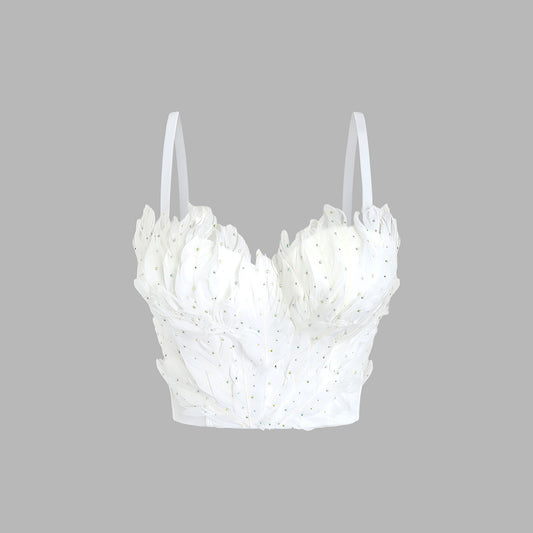 Women's Feather Colorful Crystals Fishbone Bra Outer Wear Stage Bar Tops
