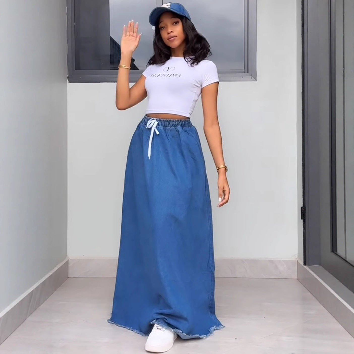 Women's Fashion Wash Solid Color Drawstring High Skirts
