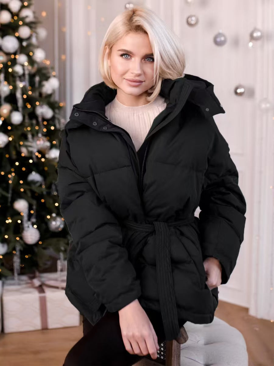 Women's Hooded Thick Fashion Solid Color Belt Warm Coats