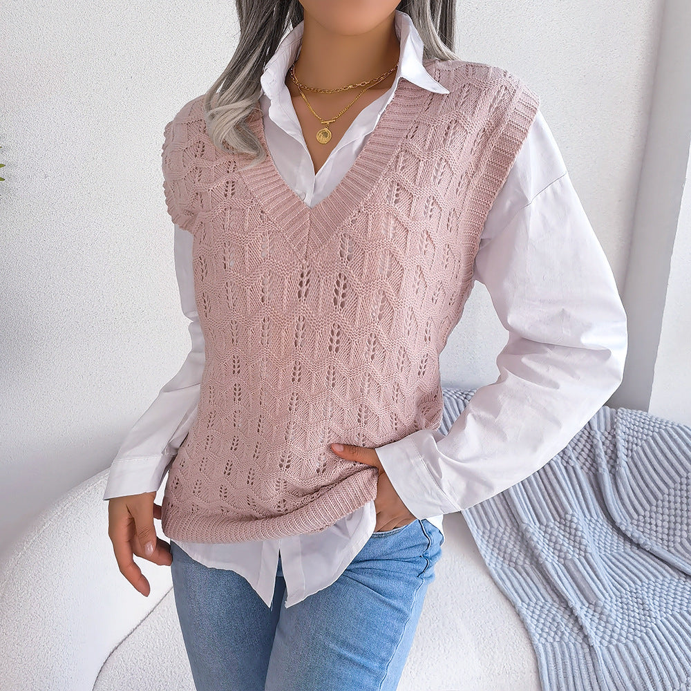 Women's Clearance Solid Color Hollow Wavy Knitted Sweaters