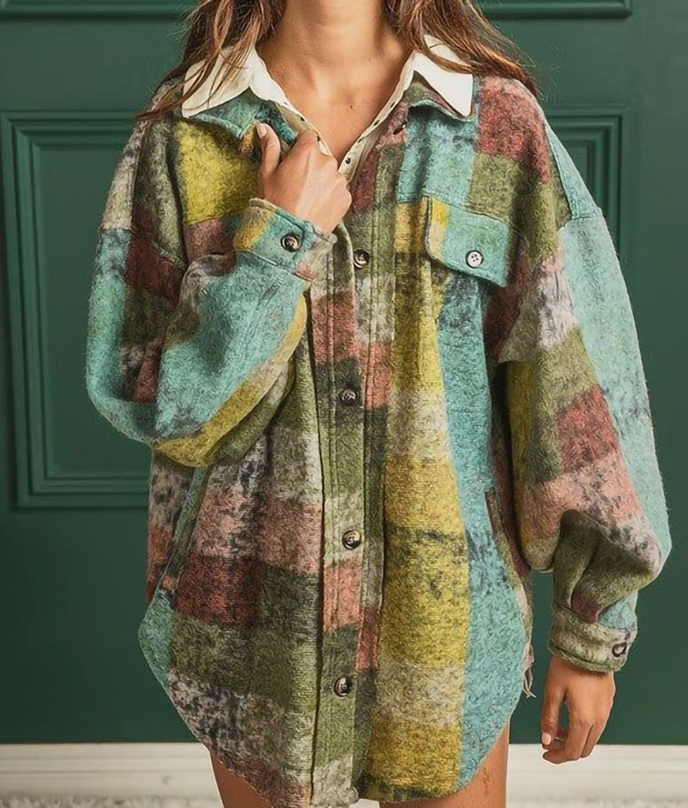 Women's Single-breasted Lapel Fleece Plaid Shirt Coats