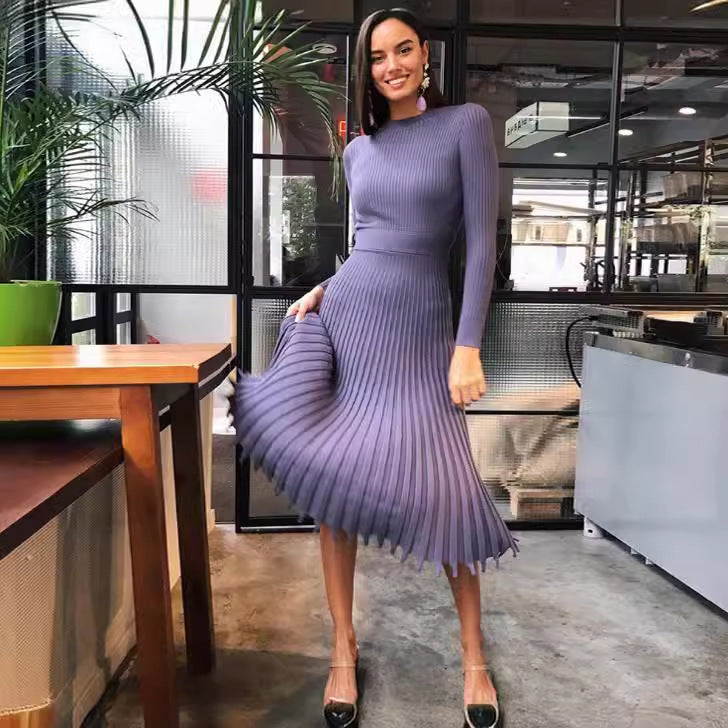 Women's Mid-length Knitted Solid Color Pleated Dress Blouses