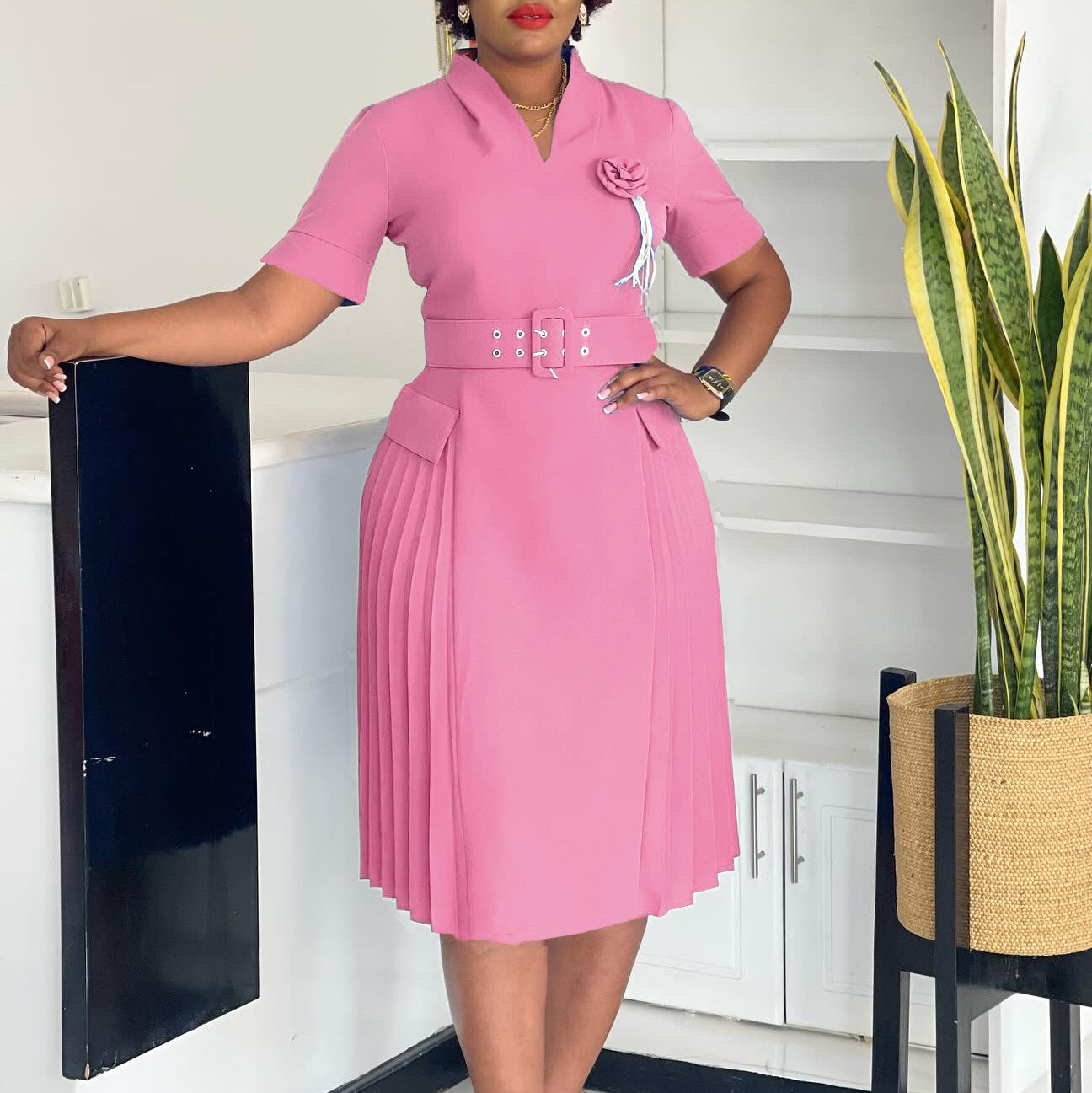 Women's Solid Color Pleated High Waist African Dresses