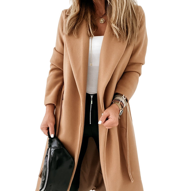 Women's Hot Single Long Woolen Lace Up Coats