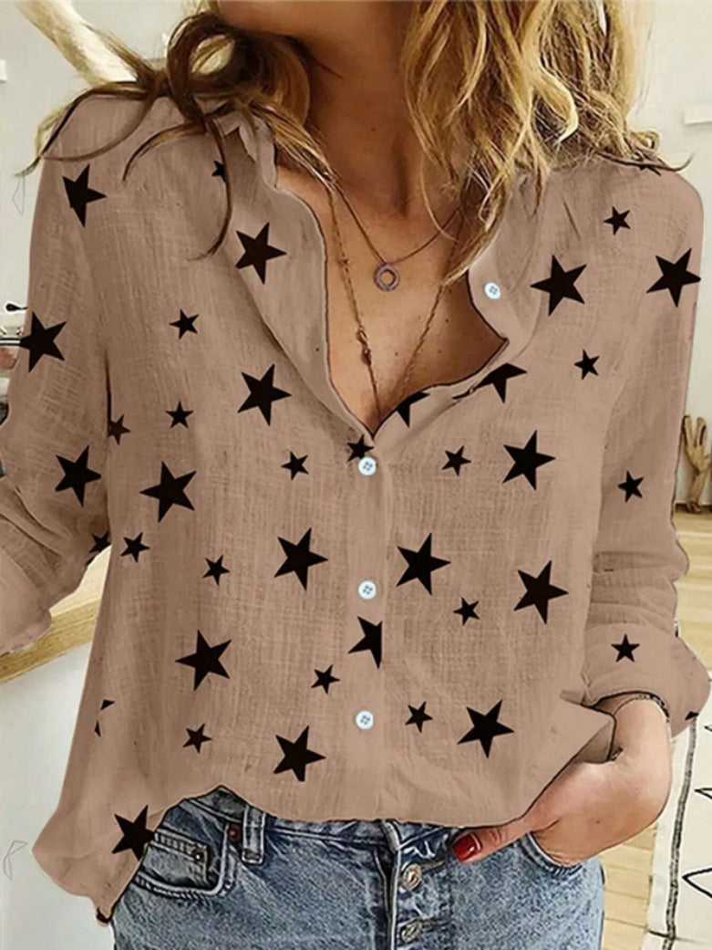 Women's Dot Print Casual Long Sleeve Linen Blouses