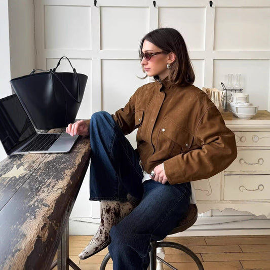 Women's Fashion Loose Zipper Ornament Stand Collar Jackets