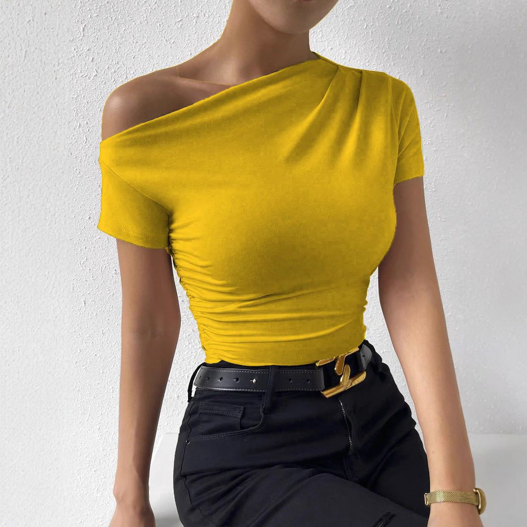 Slim Fit Pleating Irregular Sleeve T-shirt Tops