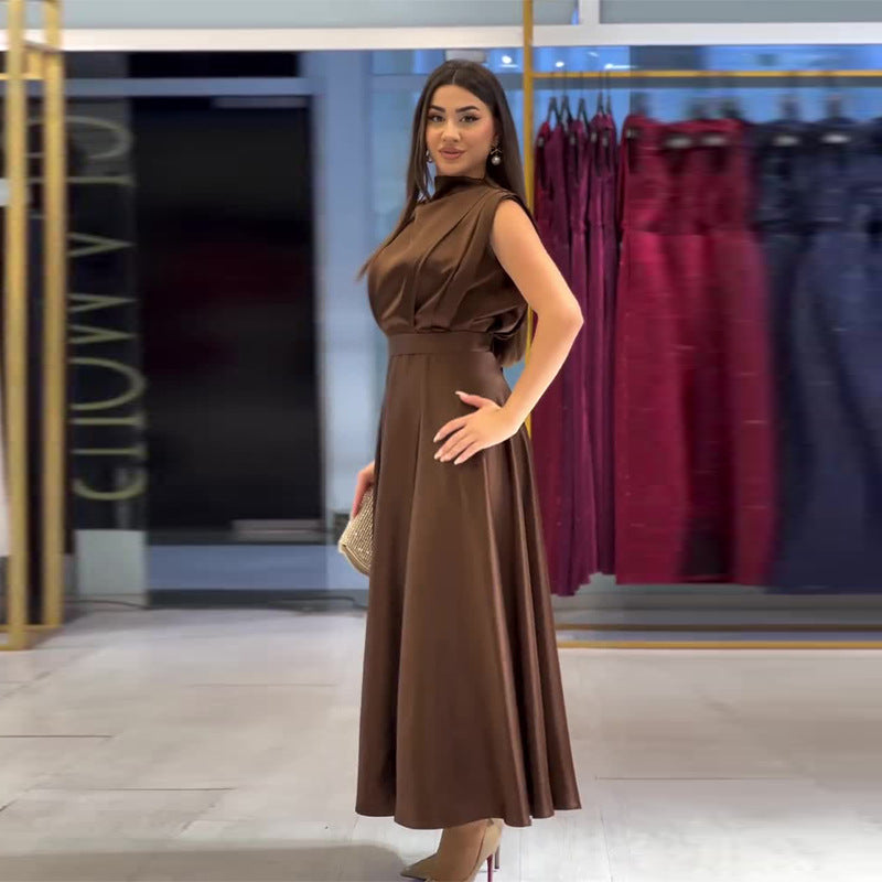 Women's Summer French Slimming Sleeveless Brown Dress Dresses