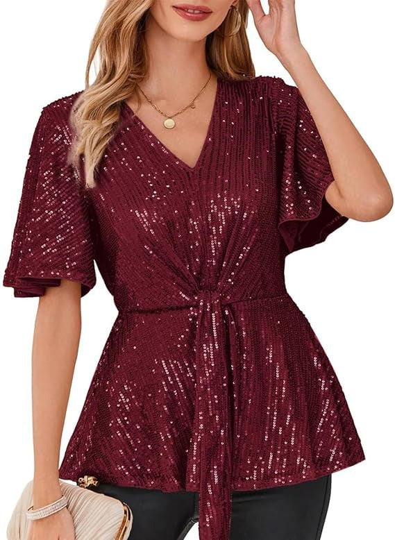 Women's Outline Tie Front Flare Sleeve Glitter Bruce Tops