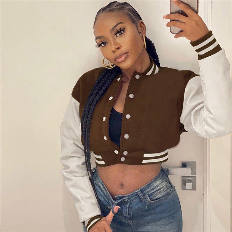 Women's Long-sleeved Solid Color Buttons Baseball Stitching Jackets