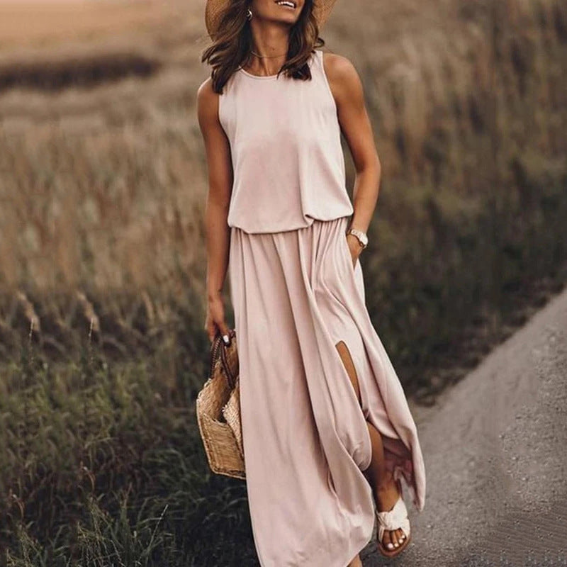 Women's Summer Simple Comfortable Round Neck Sleeveless Split Dresses