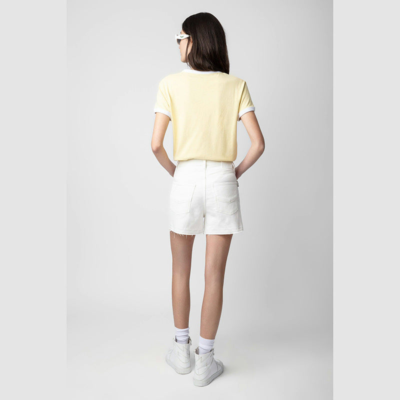 Women's Classic Letter Print Neckline Contrasting Colors Yellow Blouses